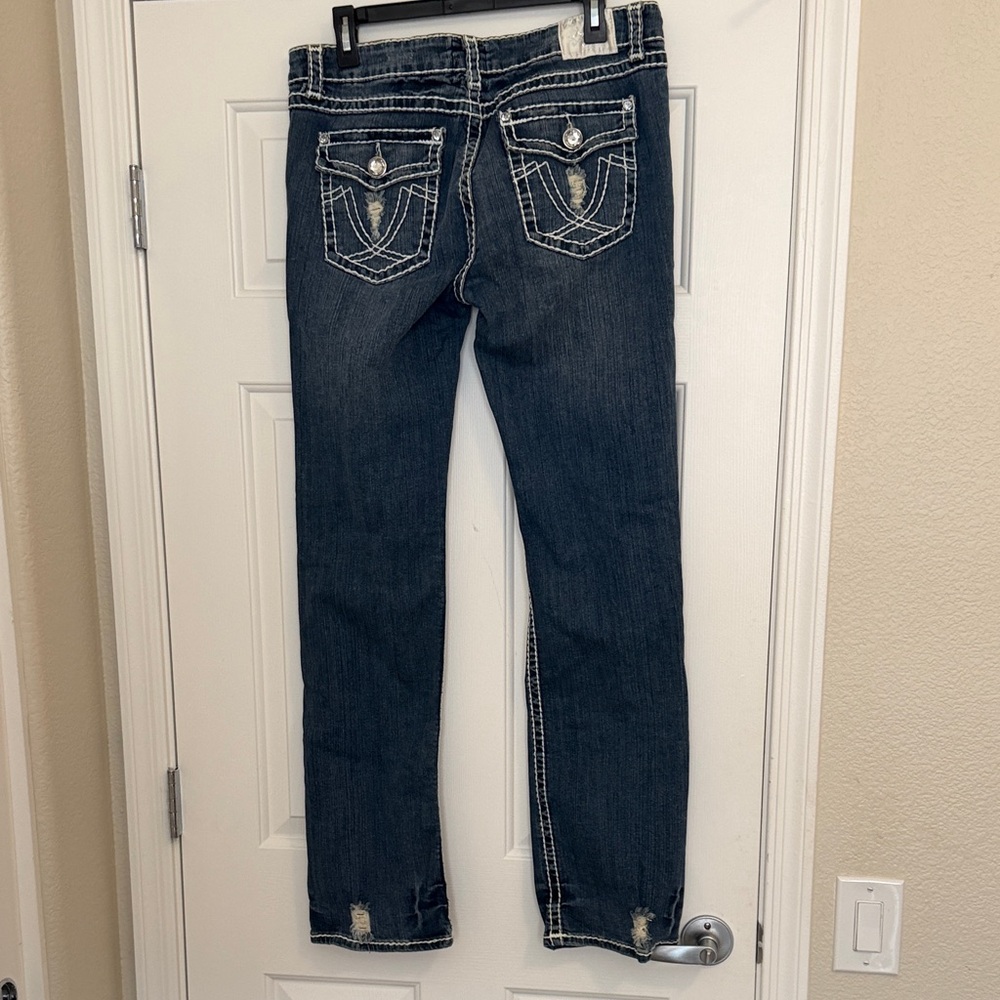 Dark Wash Distressed Women’s Jeans - Navy Blue - Picture 10 of 14